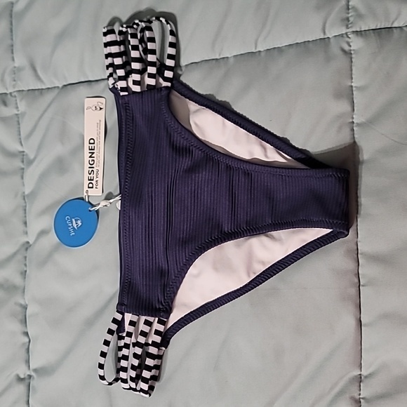 Cupshe Blue‎ Textured Stipe Black/White Stripe Strappy Bikini Bottoms Womens M - Picture 1 of 11